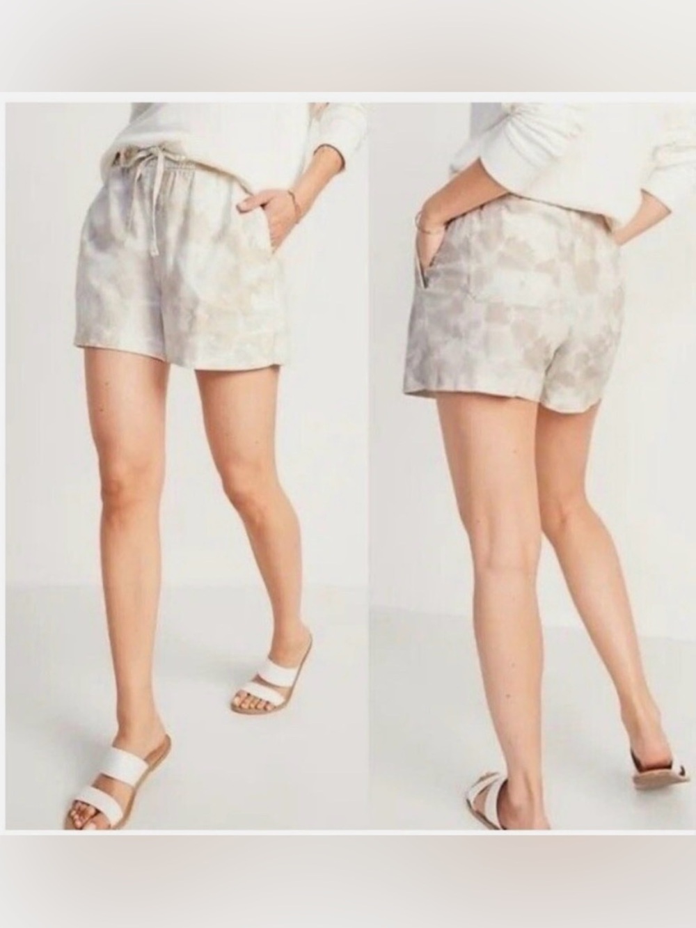 Old Navy Tie Dye Cream/White High-Waisted Printed Linen-Blend Short Size M